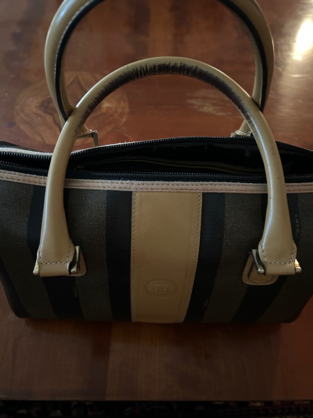Fendi Striped Canvas Satchel in Tan and Black
Made in Italy 
Authentic - Picture 7 of 11